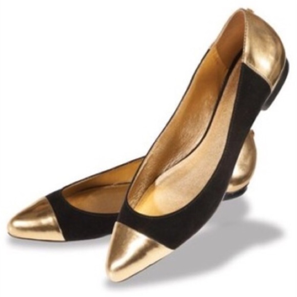 Kate Spade Black Suede and Gold Cap Toe Flats