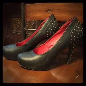 Madeline Black Leather diamond stud heels
