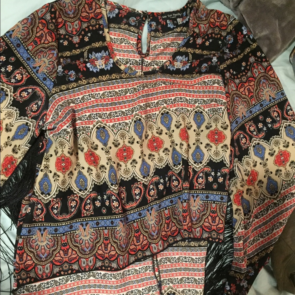 Paisley long sleeve fringe shirt