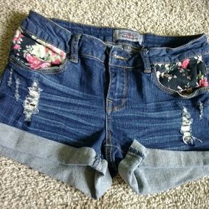 Dark jean floral accent shorts
