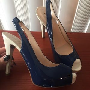 Guess Brand navy and cream slingback pumps