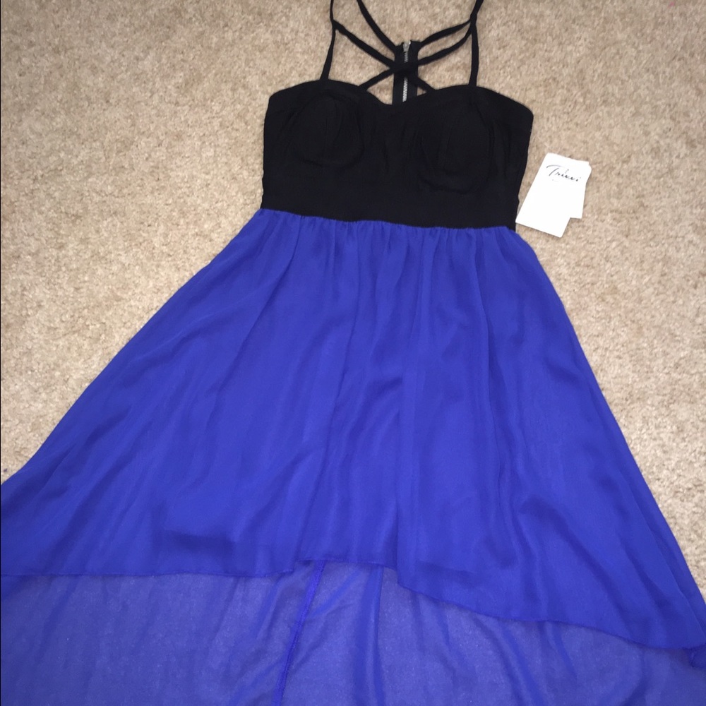 Hi low cross front strap black and royal blue dres
