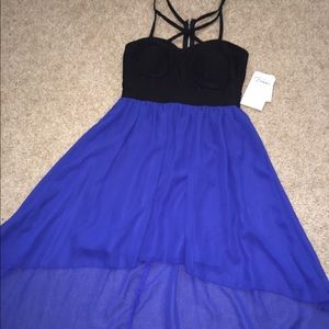 Hi low cross front strap black and royal blue dres