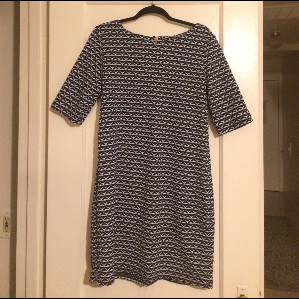 Navy blue and white patterned dress