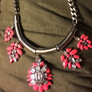Silver rhinestone hot pink statement necklace