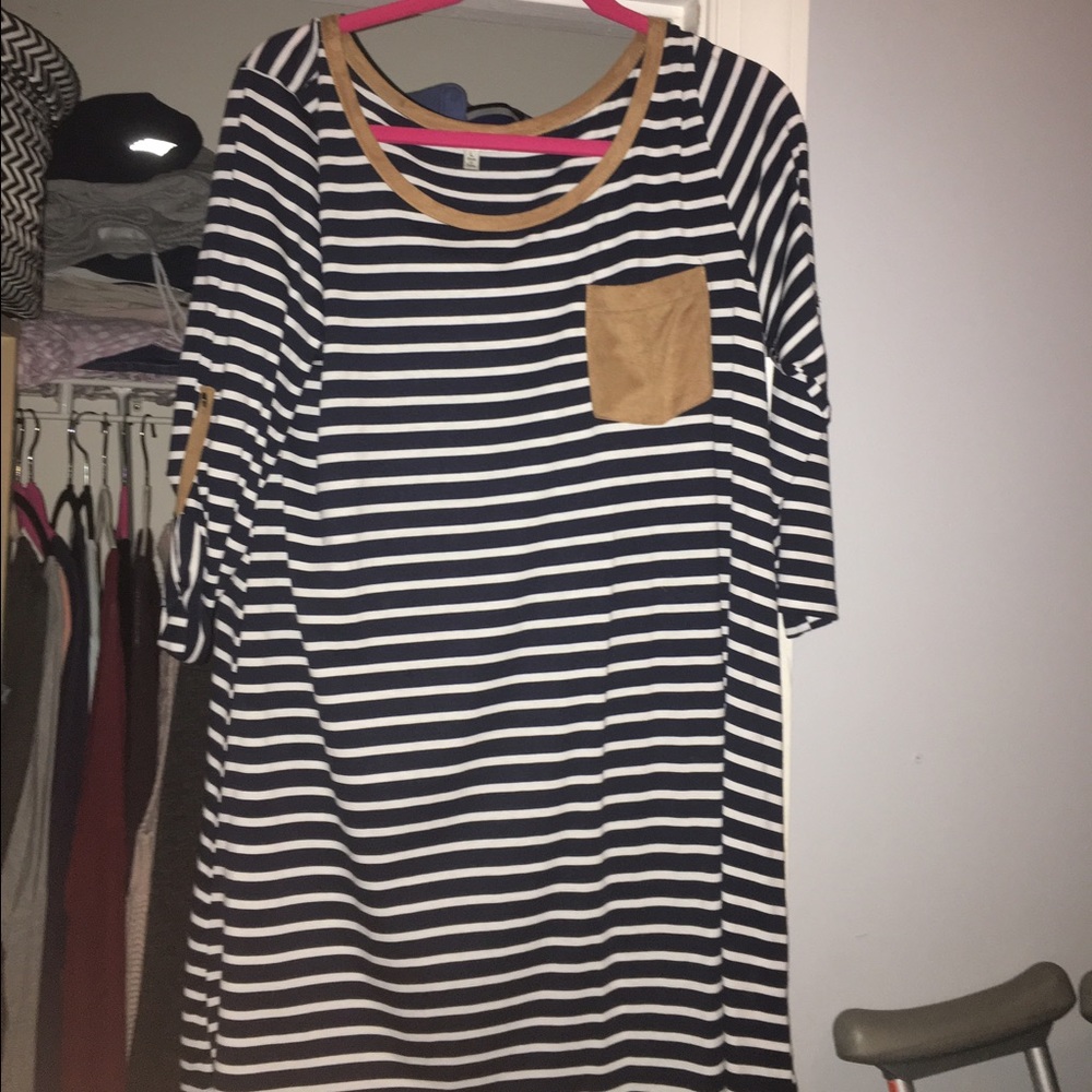 Navy and white striped dress with brown detail