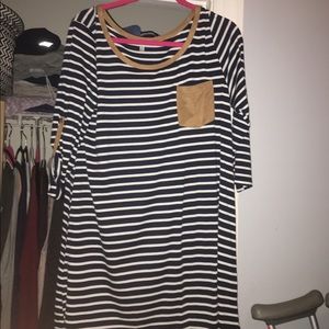 Navy and white striped dress with brown detail