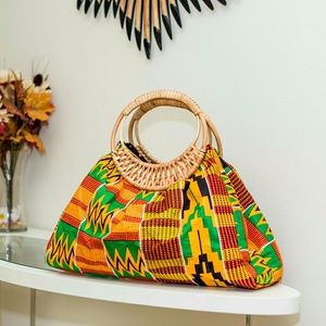 Tribal Fabric Print Wicker Handbag