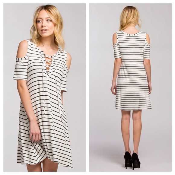 Dixie Magnolia Boutique Dresses & Skirts - SOLD - Striped Lace Up Cold Shoulder Dress