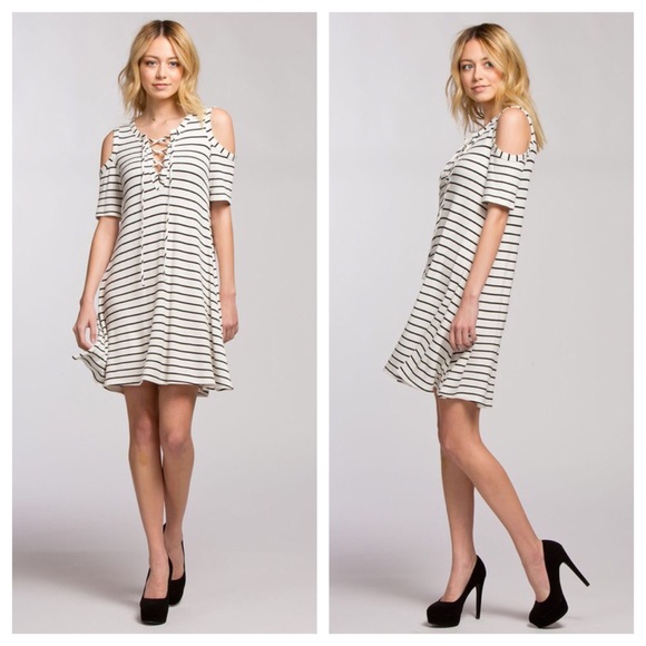 SOLD - Striped Lace Up Cold Shoulder Dress - Picture 2 of 2