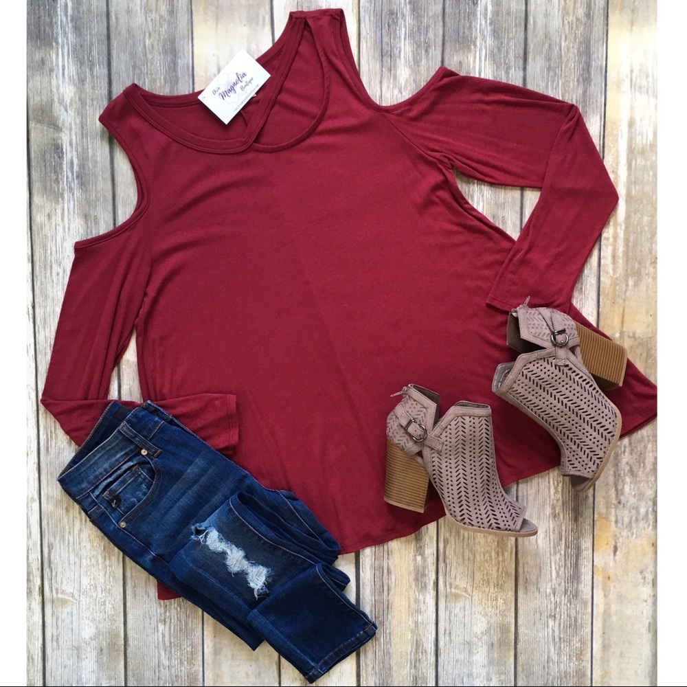 SOLD - Burgundy Cold Shoulder Top - Picture 1 of 2