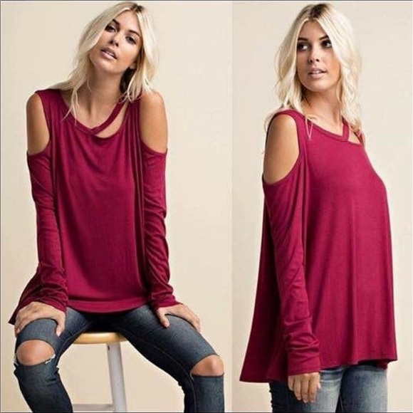 SOLD - Burgundy Cold Shoulder Top - Picture 2 of 2