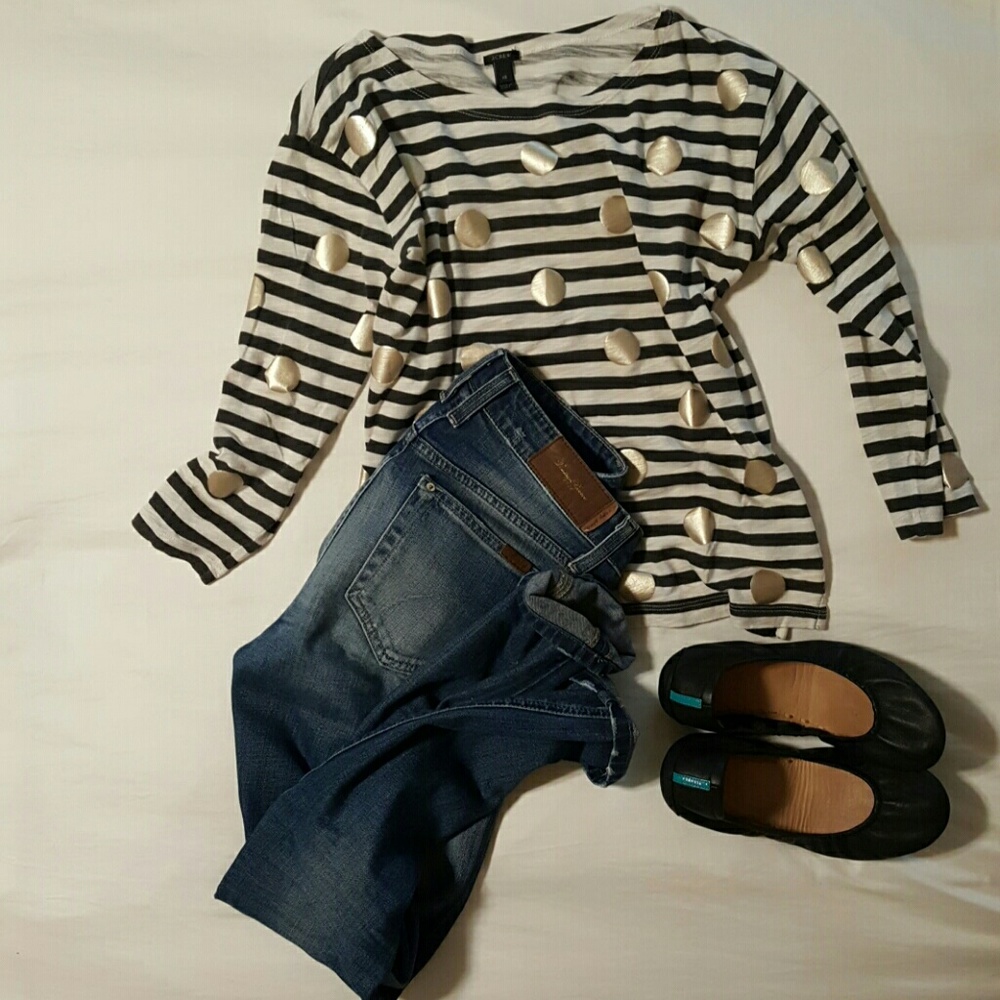 Cute J. CREW striped and metallic polka dot shirt
