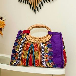 African Print Fabric Wicker Hand bag