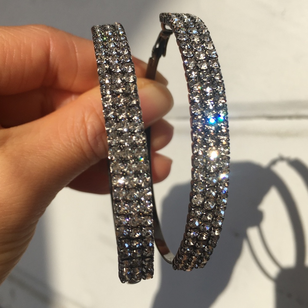 New! Charcoal Bling Hoop Earrings Medium Sized