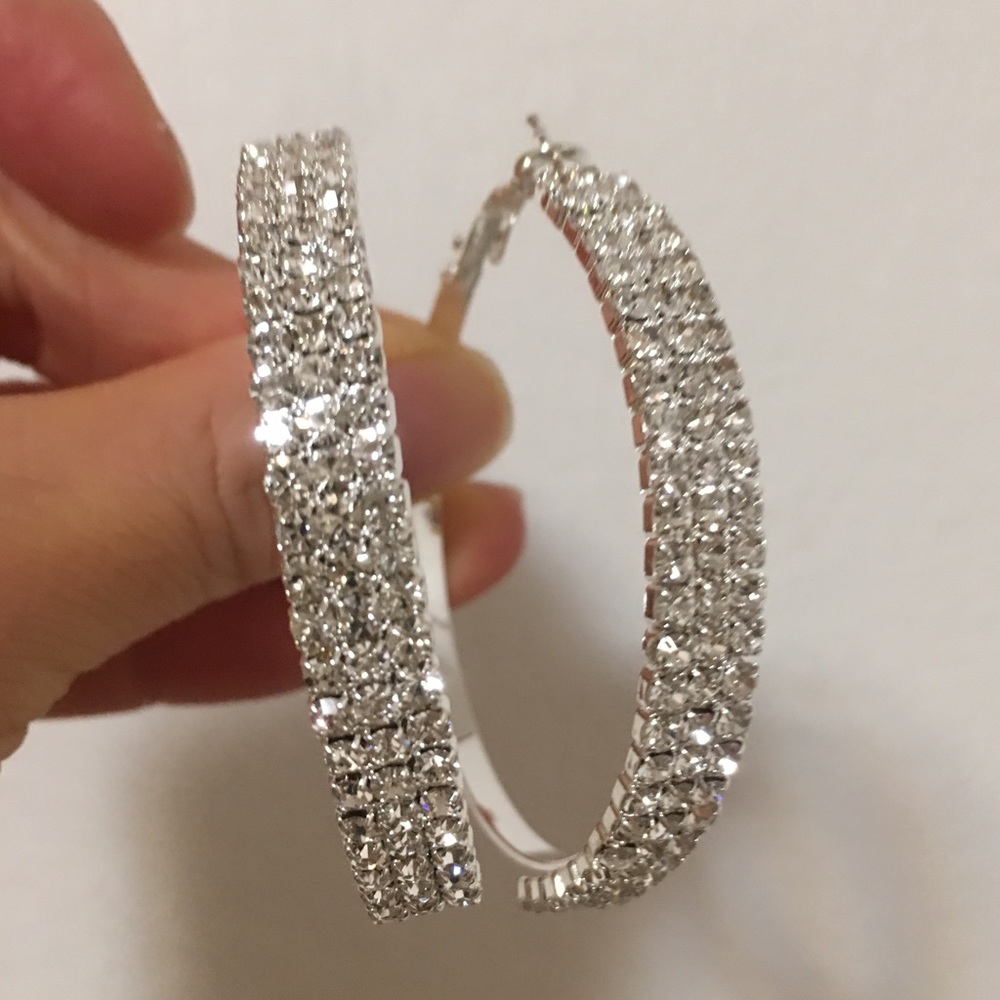 New! Silver Tone Bling Rhinestone Hoop Earrings