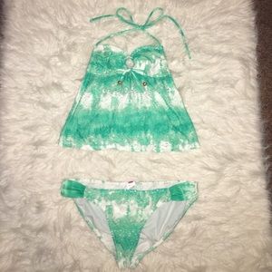 Turquoise and white lace tankini
