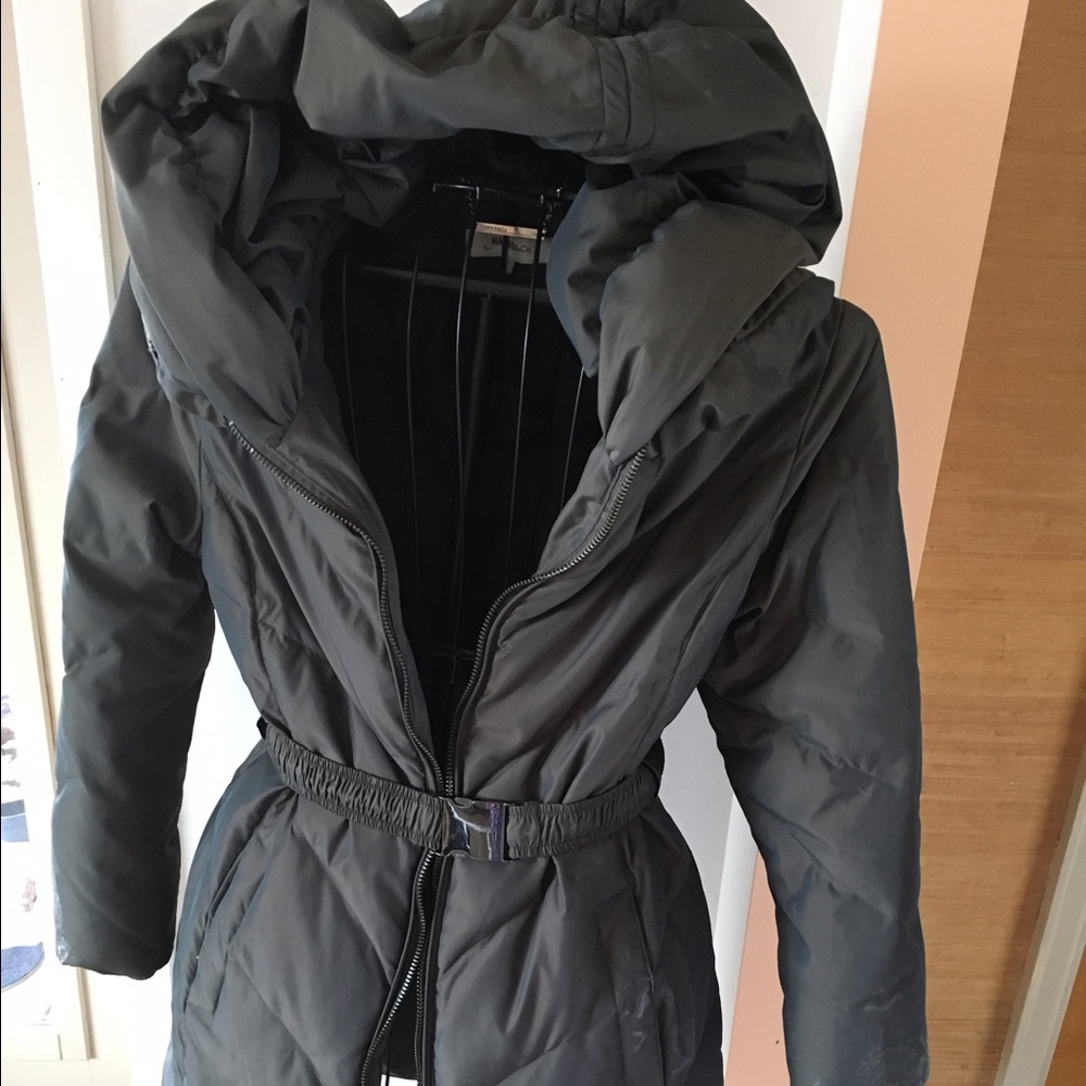 Long down filled winter coat with oversized hood