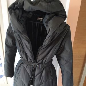 Long down filled winter coat with oversized hood