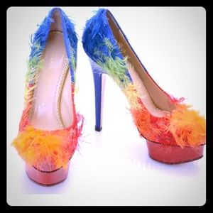 Charlotte Olympia Dolly Rainbow Feather Platforms