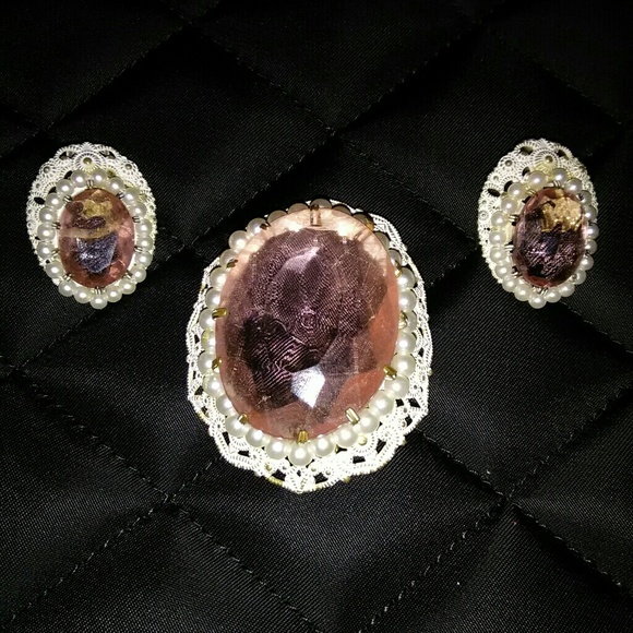 ⭐Vintage German antique pink stone brooch earrings set - Picture 1 of 4