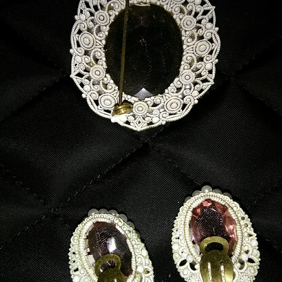 ⭐Vintage German antique pink stone brooch earrings set - Picture 4 of 4