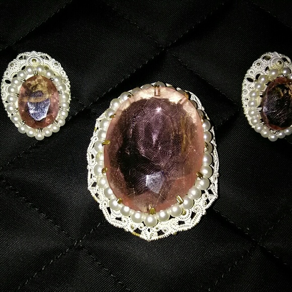 ⭐Vintage German antique pink stone brooch earrings set - Picture 3 of 4