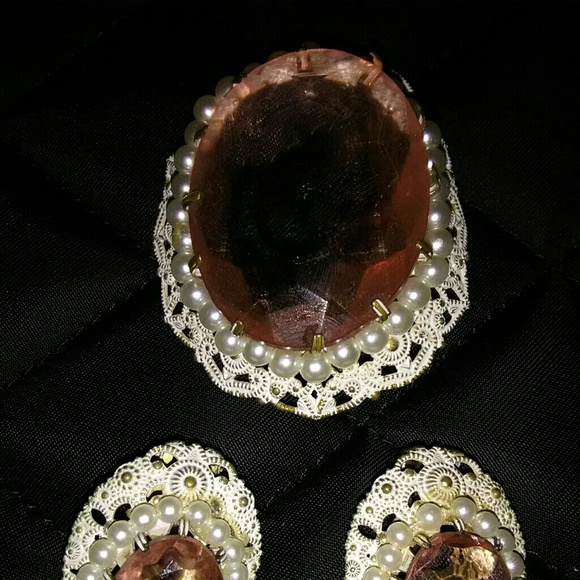 ⭐Vintage German antique pink stone brooch earrings set - Picture 2 of 4