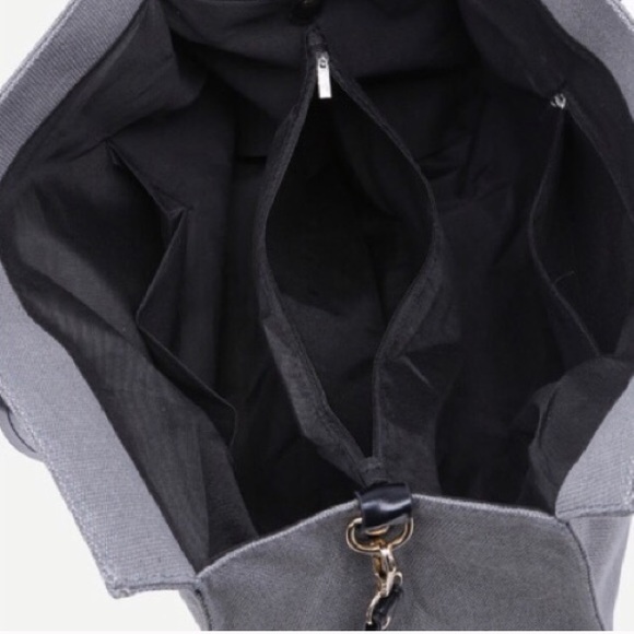 GREY Striped Coated Canvas TOTE Bag Large Handbag - Picture 2 of 2