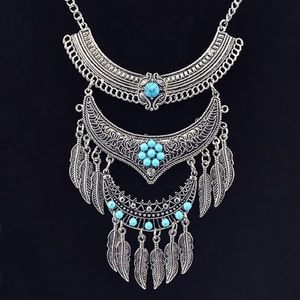 Silver Turquoise Feather Boho Necklace Earring Set Silver Turquoise Feather Boho Necklace Earring Set