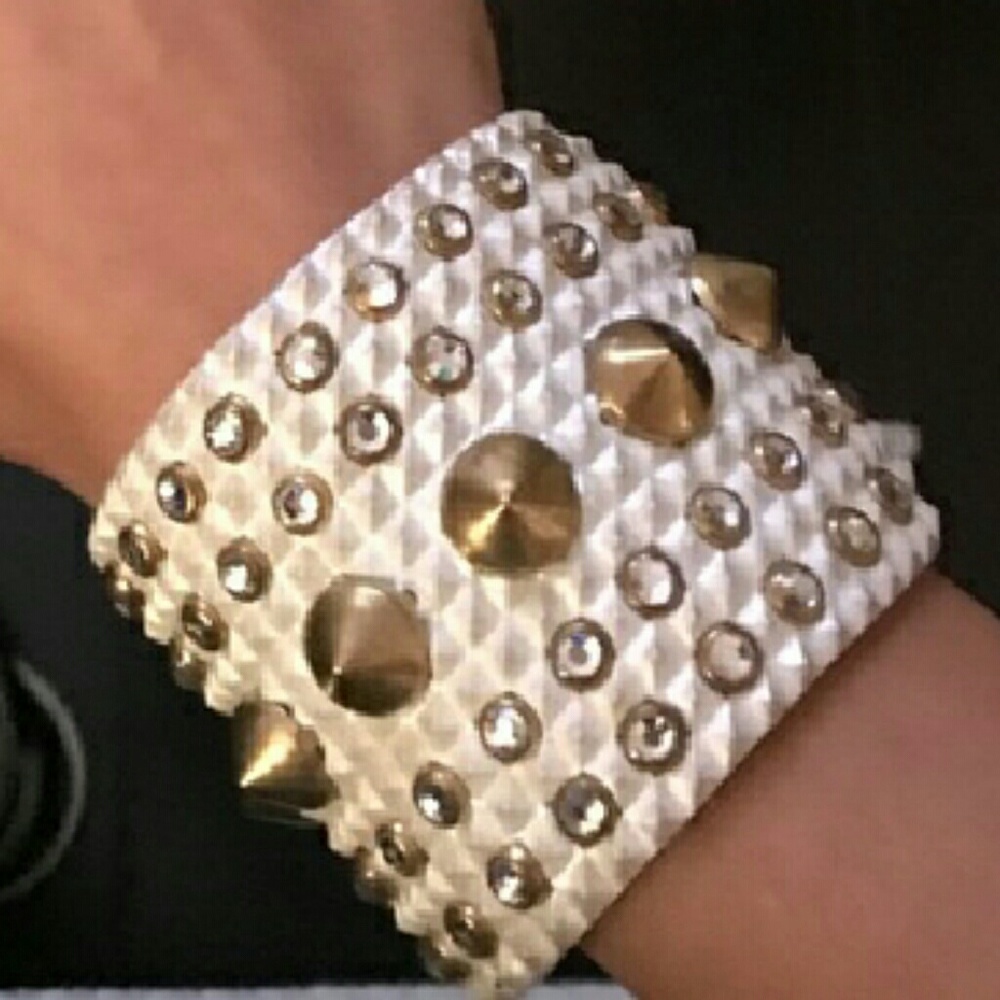 White Leather Gold Studded Cuff