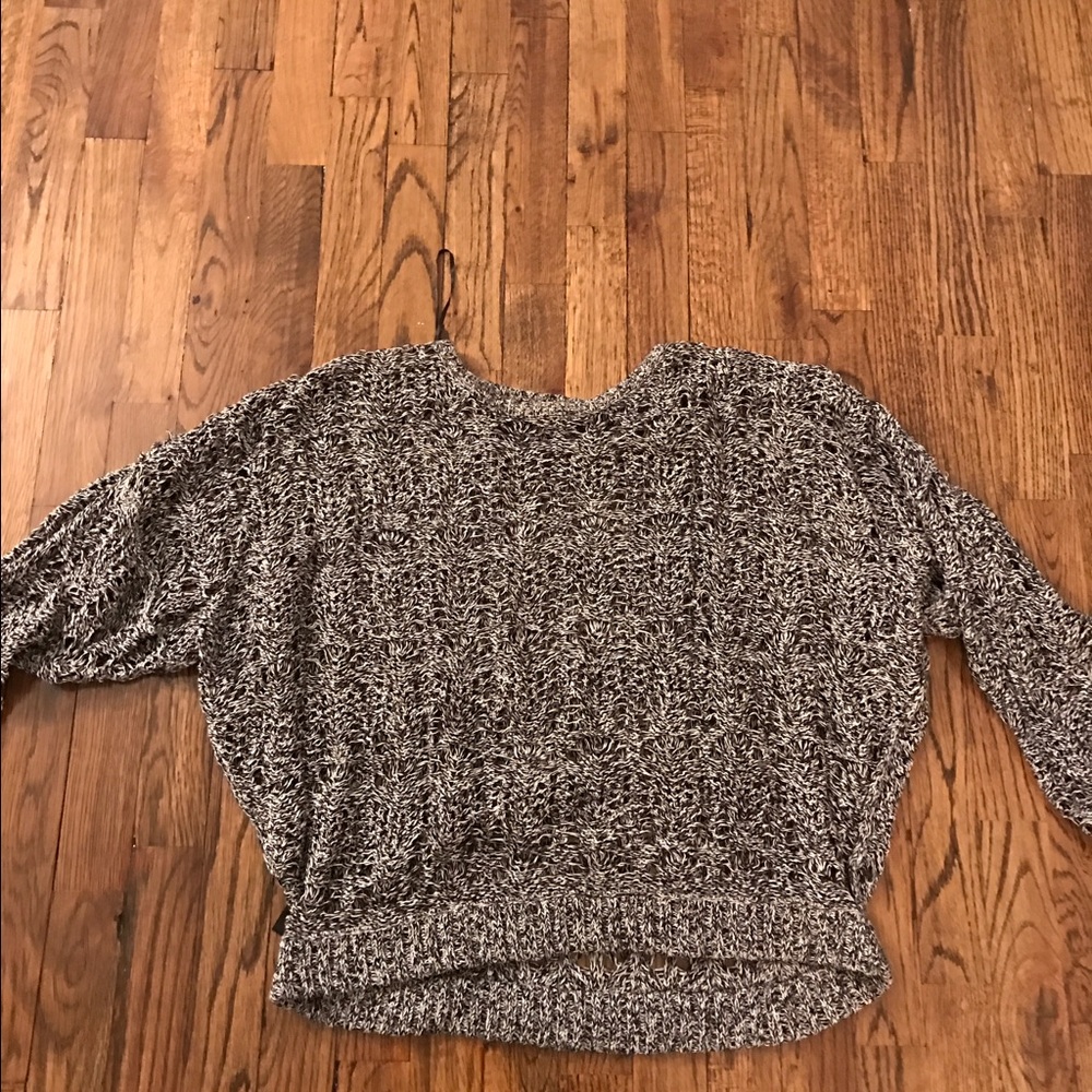 Elizabeth and James grey crochet sweater