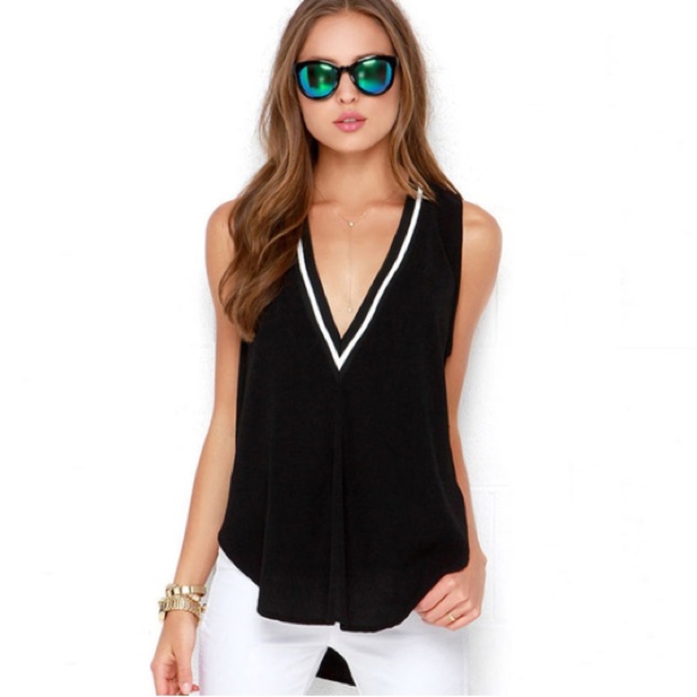 High Low Top V Neck Sleeveless Black