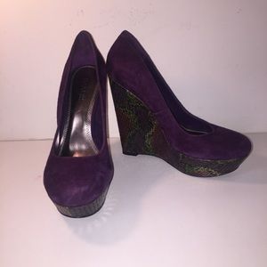 Purple suede snake skin wedge
