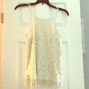 White lace tank top with fringe on bottom