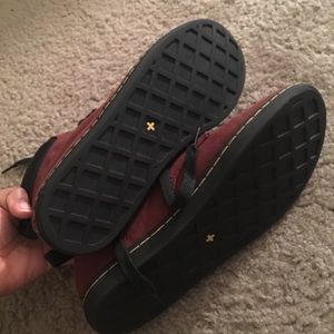 Dr. Martens dark red canvas Maelly boots.