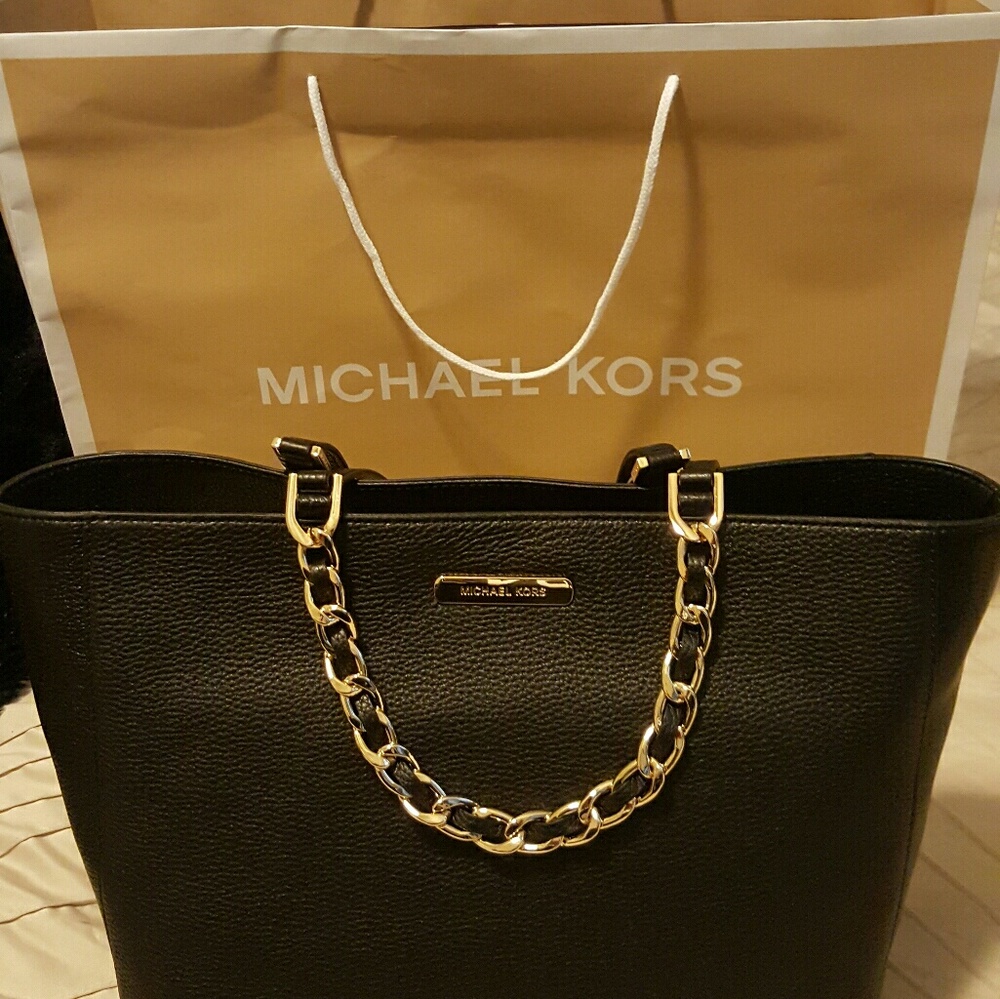 SOLD-Michael Kors  large black and gold trim tote
