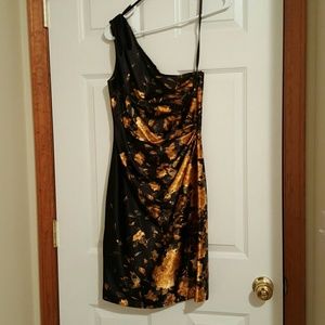 Black with gold flowers, one shoulder dress