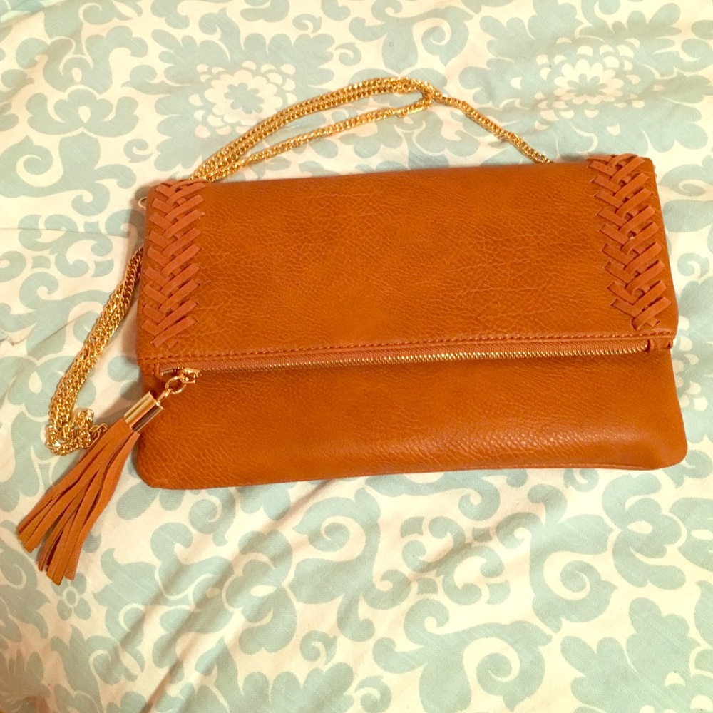Tan leather with pinstripe silk interior clutch