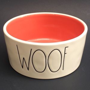 Rae Dunn WOOF dog bowl with Coral interior