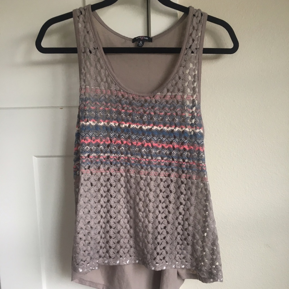 Tan, blue, white, and pink tank