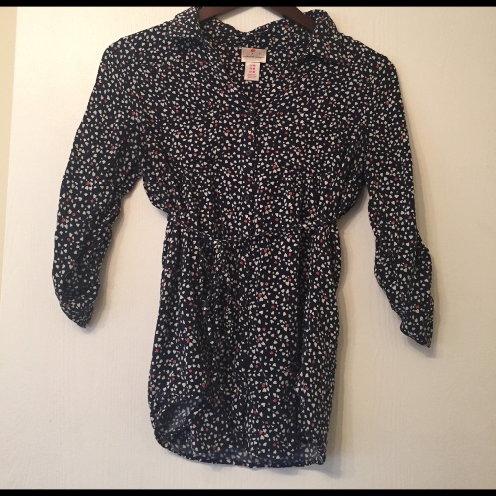 Two Hearts Maternity Blue Button Up Shirt w Hearts