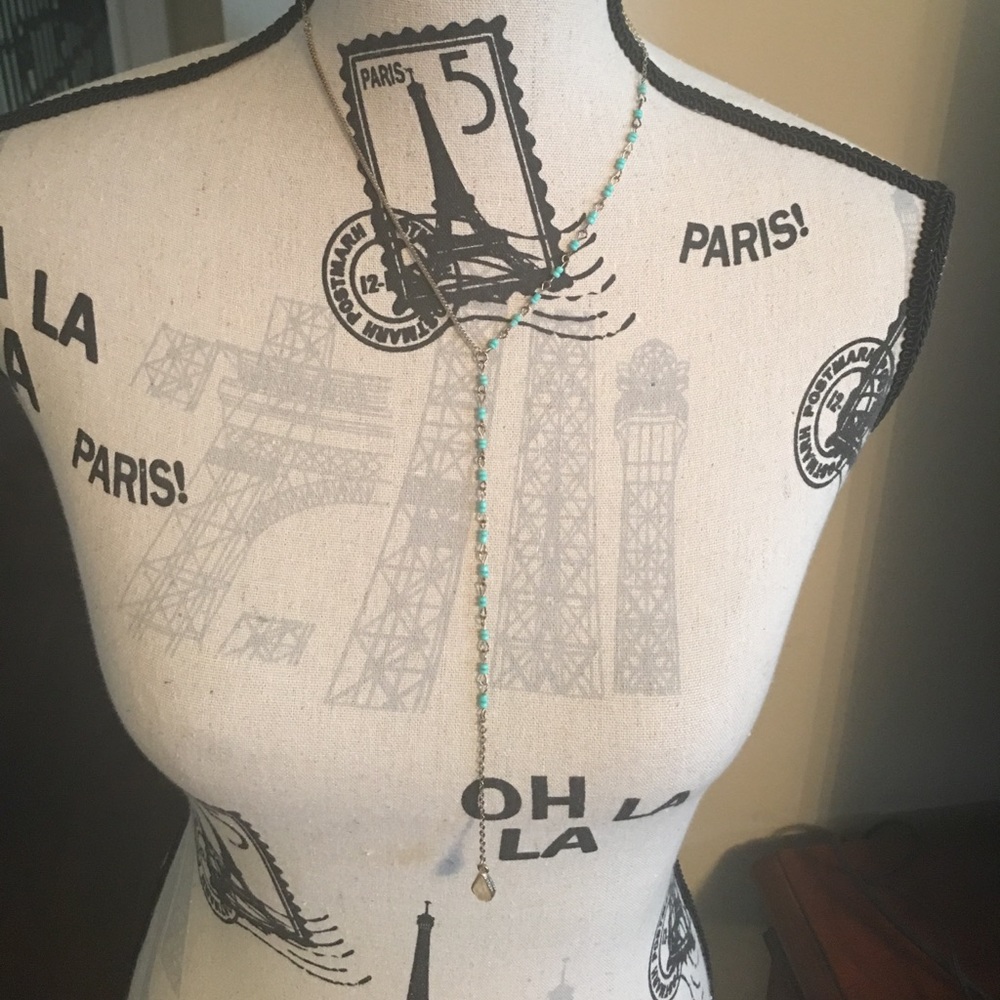 Lariat blue and gold necklace with stone on end