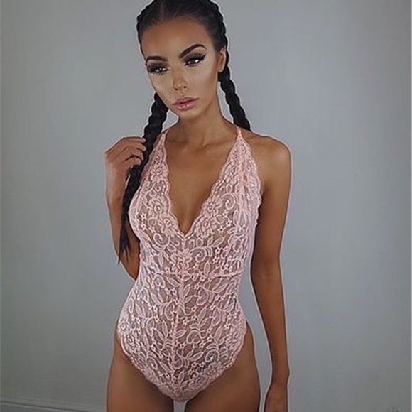 Baby Pink Sheer Lace Bodysuit Lingerie Bralette - Picture 2 of 7