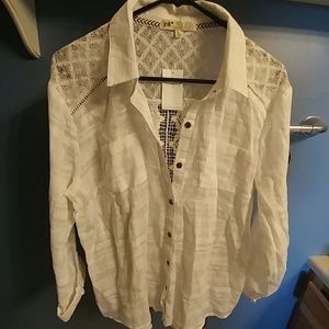 Sheer and lace accents button down shirt