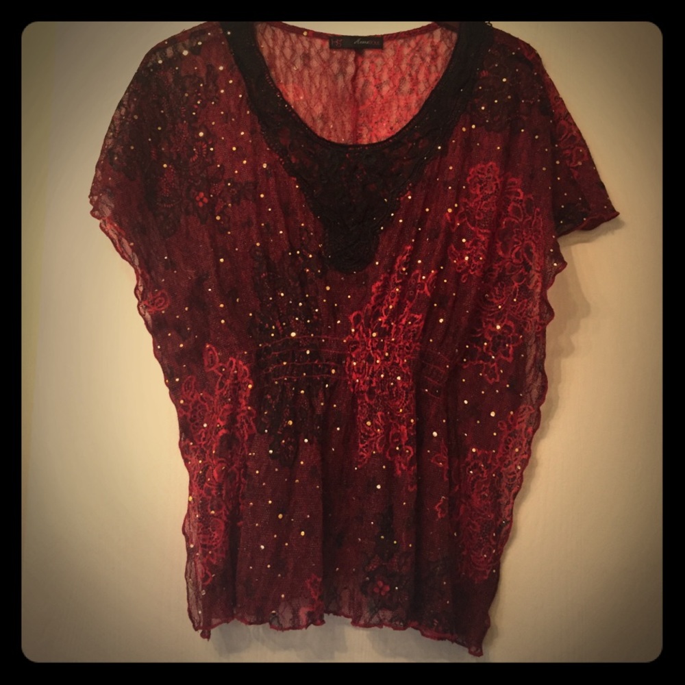 Heart Soul Sheer Red & Gold Embelished Blouse