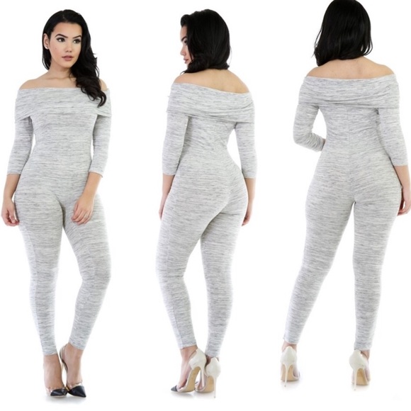 grey off the shoulder jumpsuit