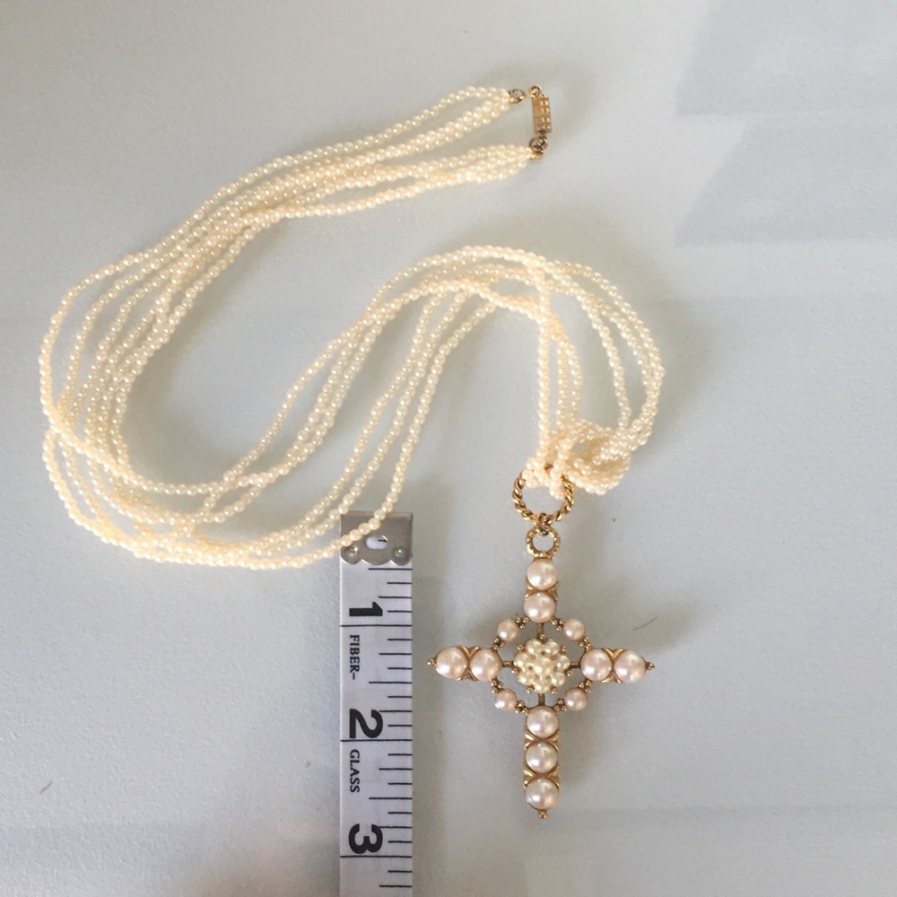 Boho Golden tone and pearl necklace with cross