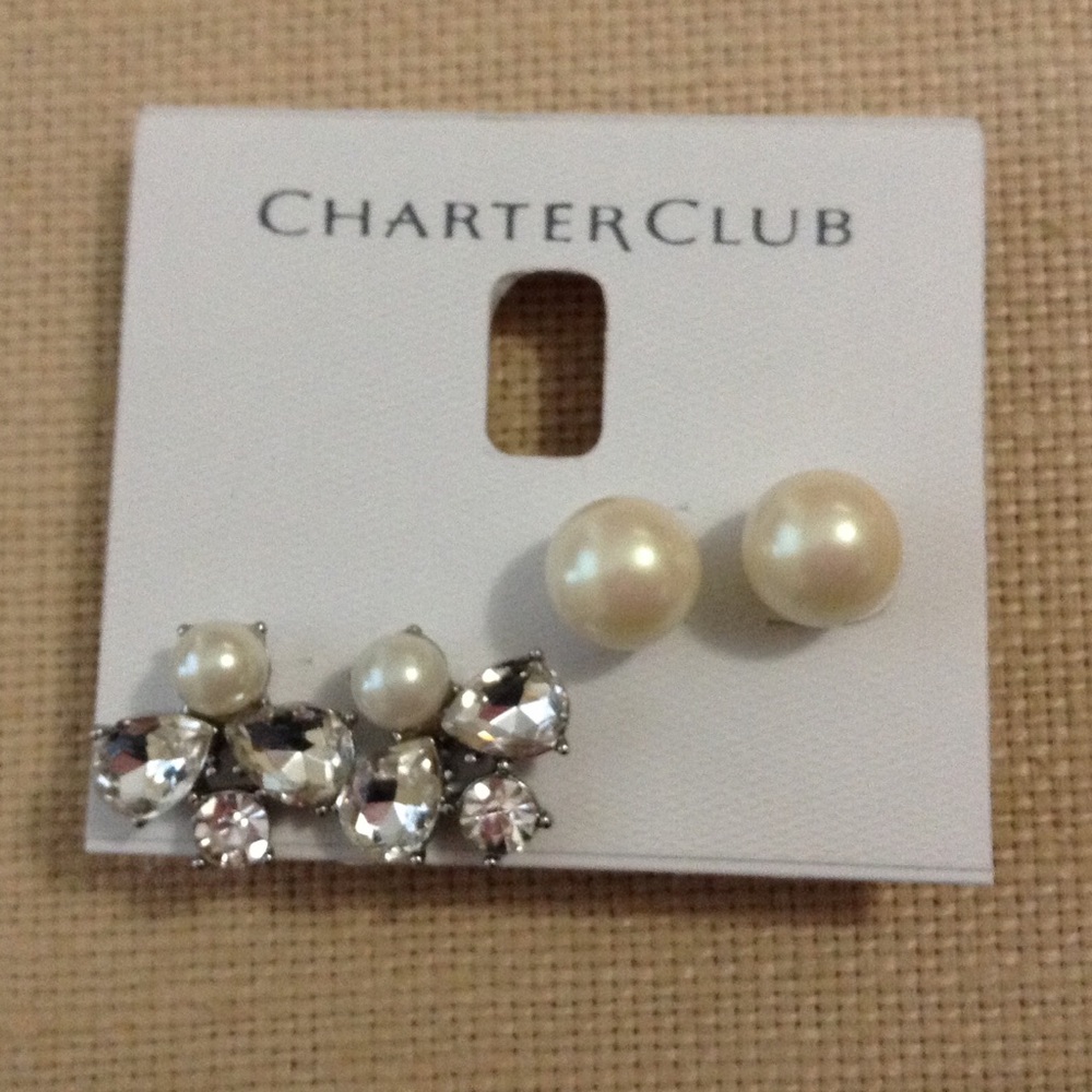 2-Pc set crystal and imitation pearl earrings
