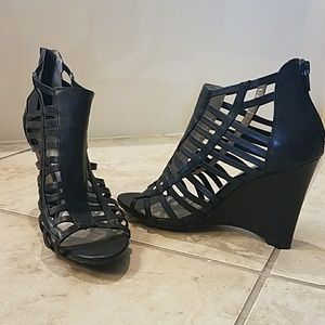 Me Too Black Strappy Wedges